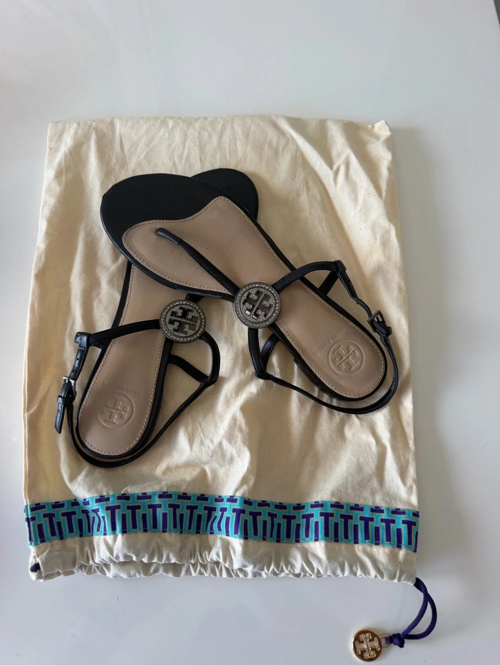 Tory Burch Black and Taupe Logo Toe-Ring Sandals with bling